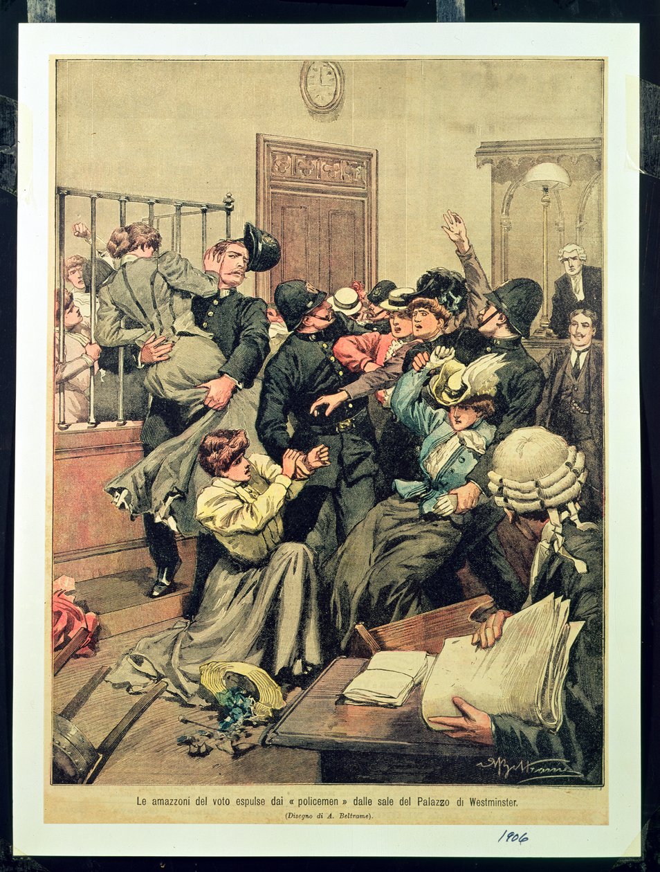 Policiais expulsando Suffragettes de um quarto no Palácio de Westminster (As amazonas do voto expulsas dos &39;policiais&39; dos corredores do Palácio de Westminster), 1906 de Achille Beltrame