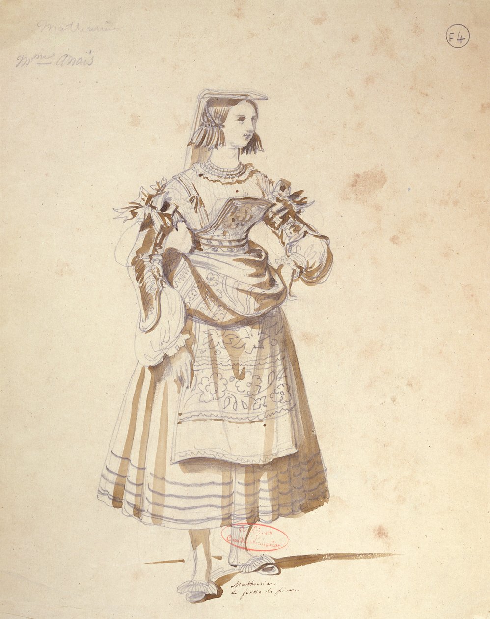 Figurino para &39;Mathurine&39; em uma produção de 1847 de &39;Don Juan&39; por Molière (1622-1673) na Comédie Française (caneta e tinta sobre papel) de Achille Devéria