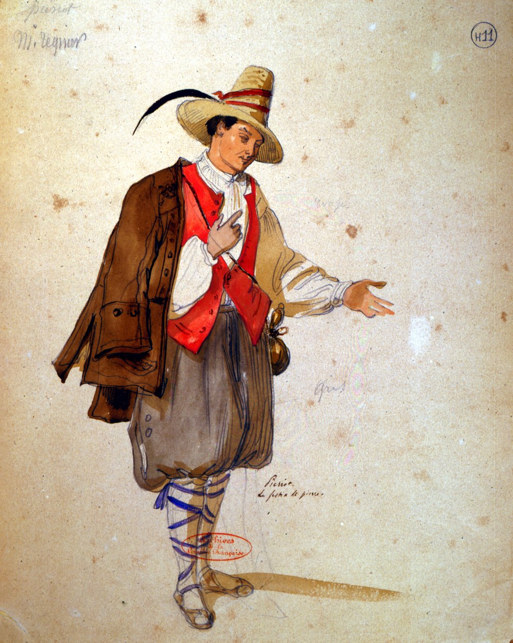 Figurino para o papel de Pierrot em uma produção de 1847 de &39;Don Juan&39; por Molière (1622-1673) na Comédie Française (caneta e tinta sobre papel) de Achille Devéria