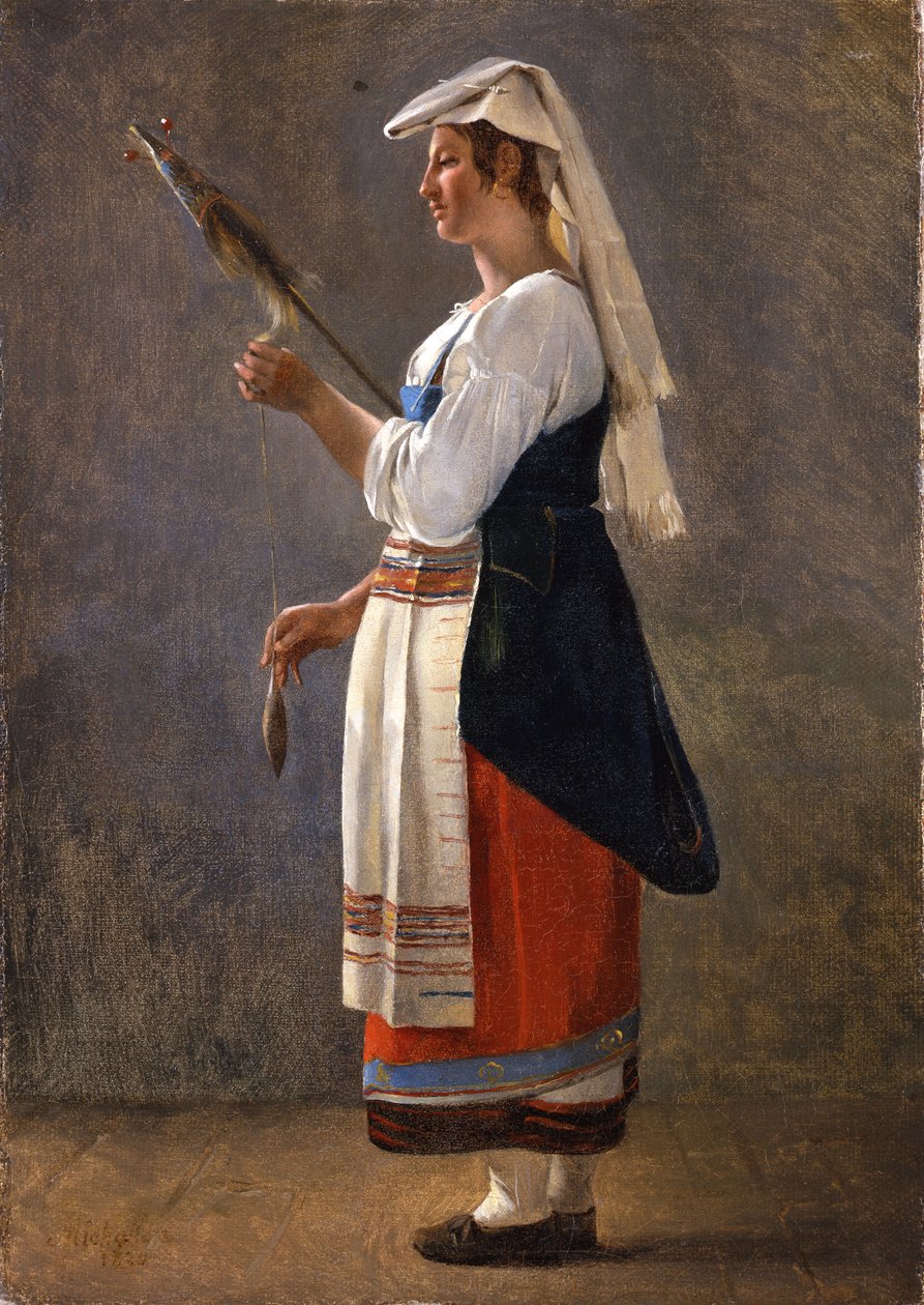 Um de um par de estudos italianos: Um italiano Camponês Spinning, 1820 (óleo sobre papel colocado sobre tela) de Achille Etna Michallon