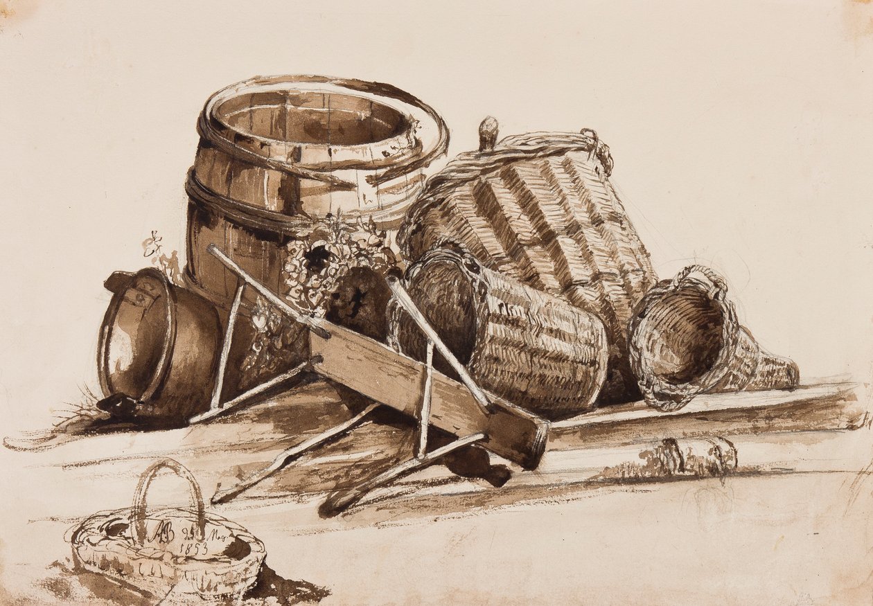 Cestos, barris e bancada, com acréscimos do Príncipe Alfonso Maria di Borbone (1841-1934), 1853 (lápis e sépia lavados sobre papel) de Achille Vianelli