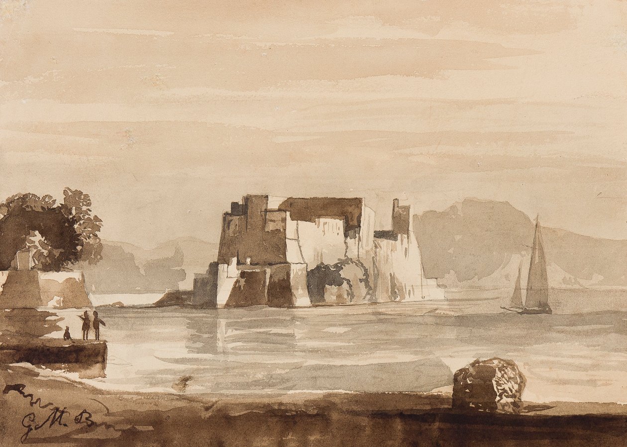 Castel dell&39;Ovo, com acréscimos do Príncipe Gaetano Maria Federico de Bourbon (1846-1871) (lápis e sépia no papel) de Achille Vianelli