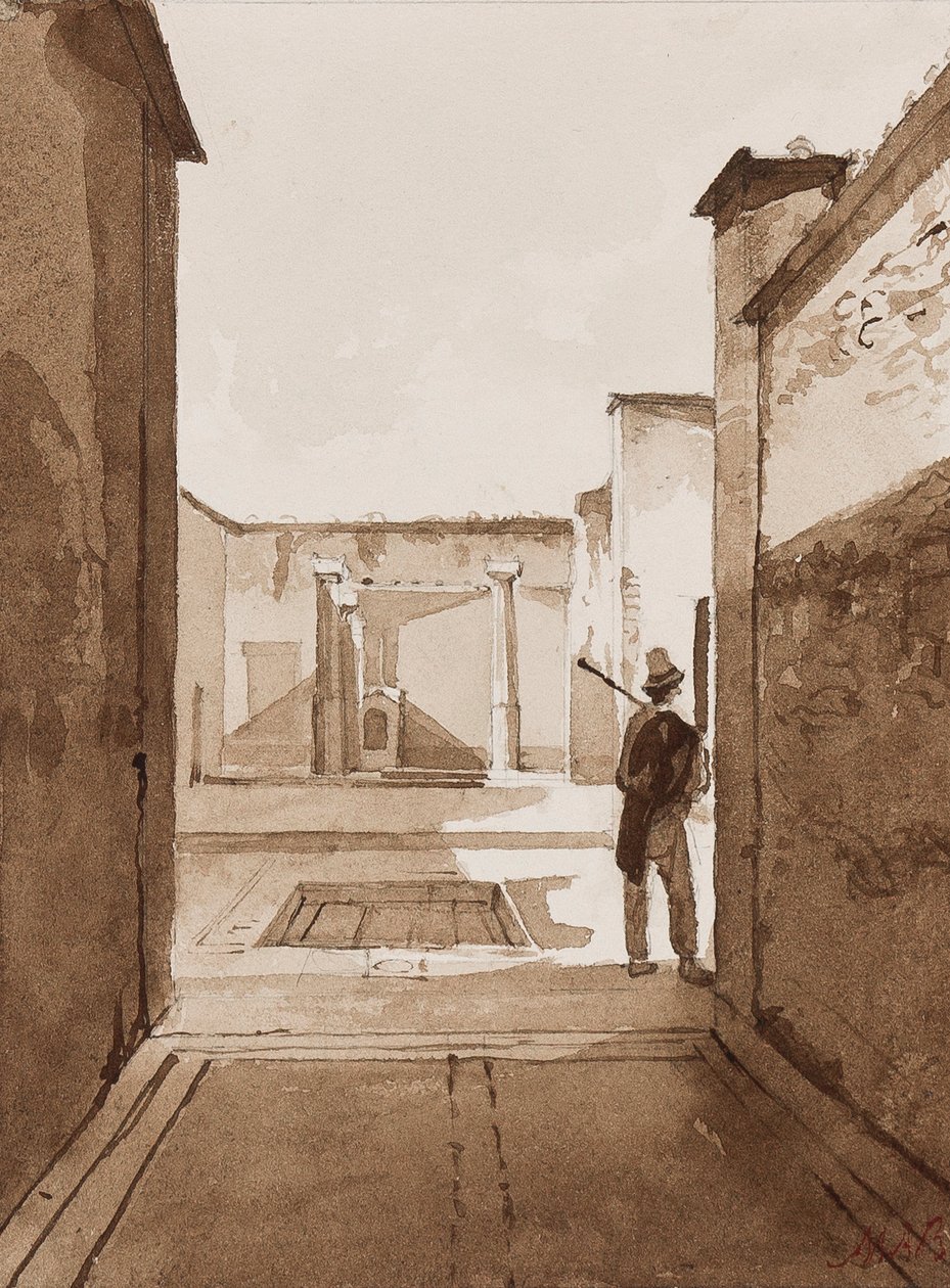 Courtyard at Pompeii, com adições da Princesa Maria Annunziata di Borbone (1843-1871) (lápis e sépia no papel) de Achille Vianelli