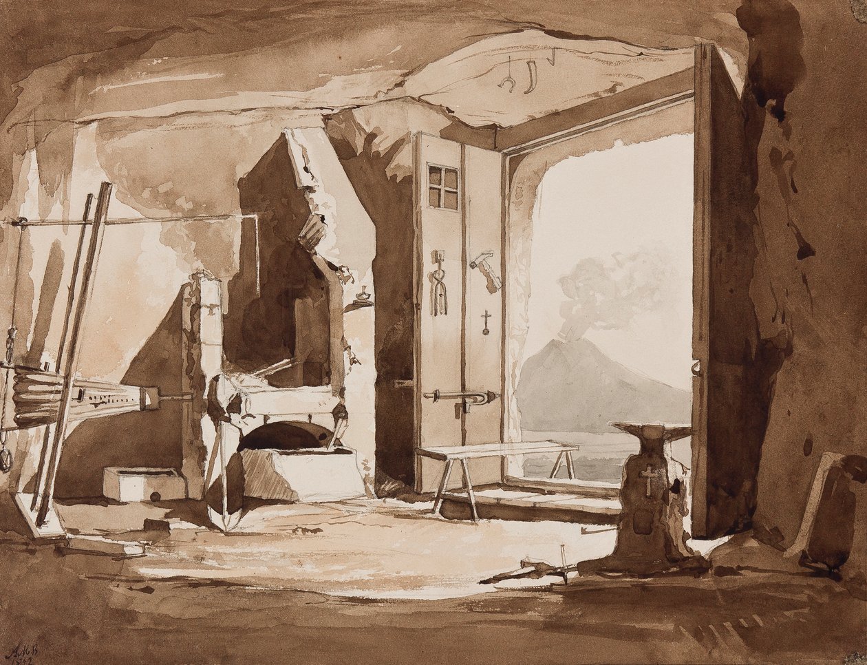Interior de uma forja, com acréscimos do Príncipe Alfonso Maria di Borbone (1841-1934), 1852 (lápis e sépia no papel) de Achille Vianelli
