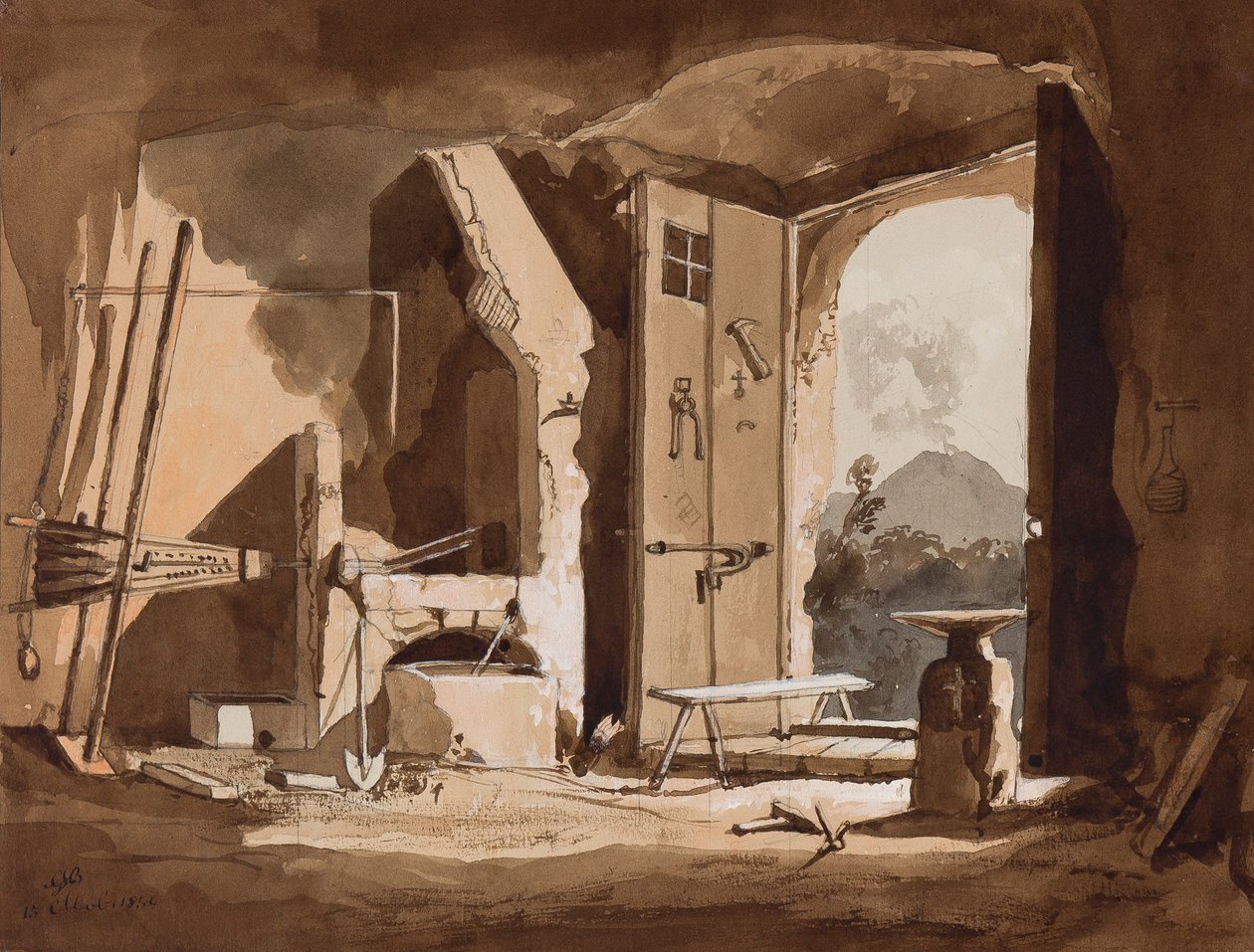 Interior de uma forja, com acréscimos do Príncipe Gaetano Maria Federico de Borbone (1846-1871), 1854 (lápis e sépia no papel) de Achille Vianelli