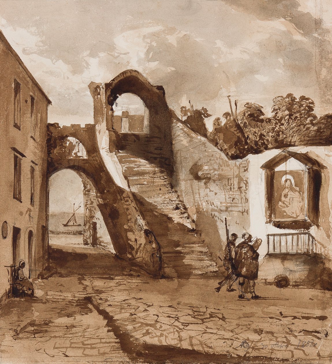 Santuário nas paredes de uma aldeia napolitana, com adições do Príncipe Alfonso Maria di Borbone (1841-1934), 30 de outubro de 1854 (lápis e sépia lava no papel) de Achille Vianelli