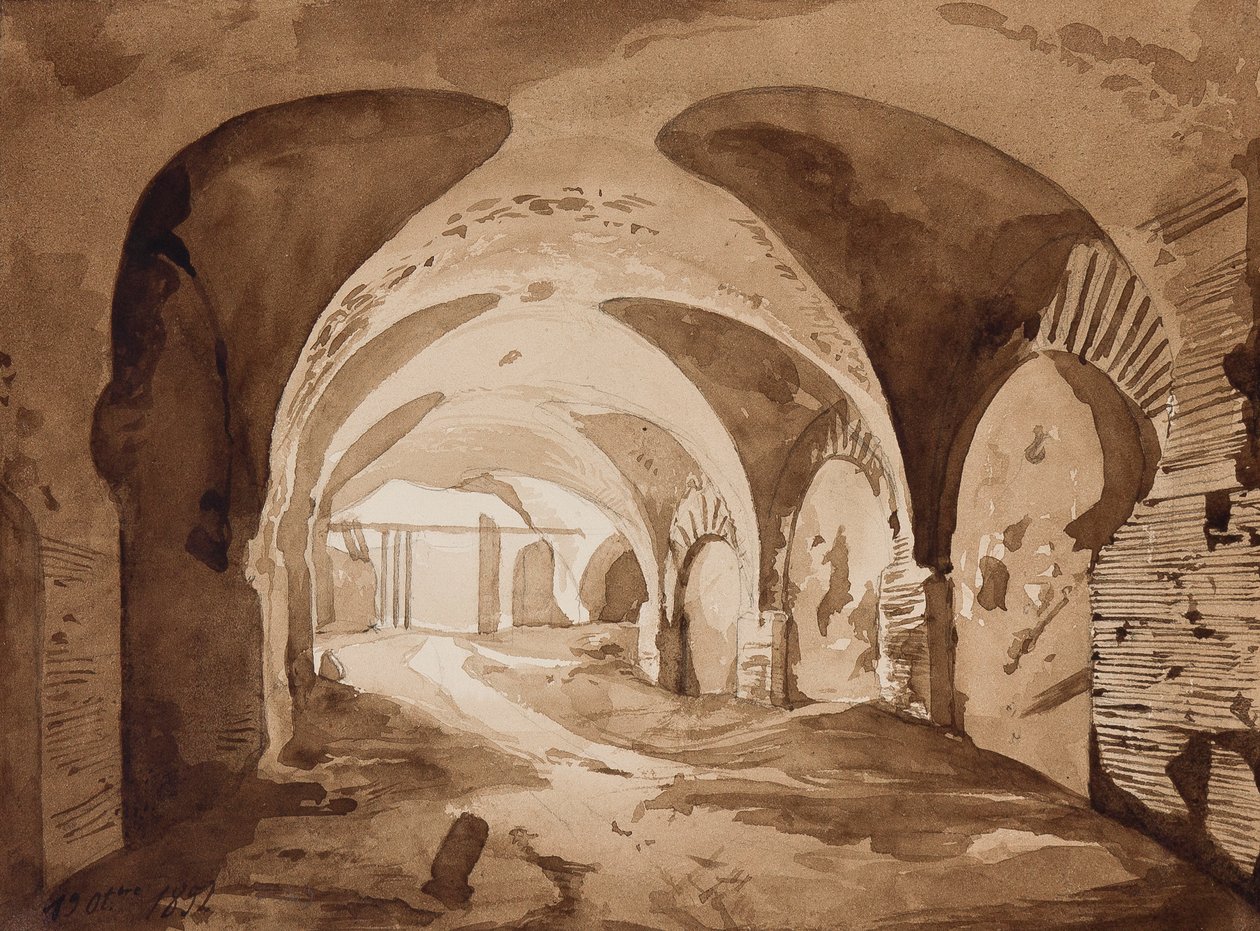 O ambulatório que leva ao Anfiteatro em Pozzuoli, com adições do Príncipe Alfonso Maria di Borbone (1841-1934), 19 de outubro de 1852 (lápis e sépia lava no papel) de Achille Vianelli