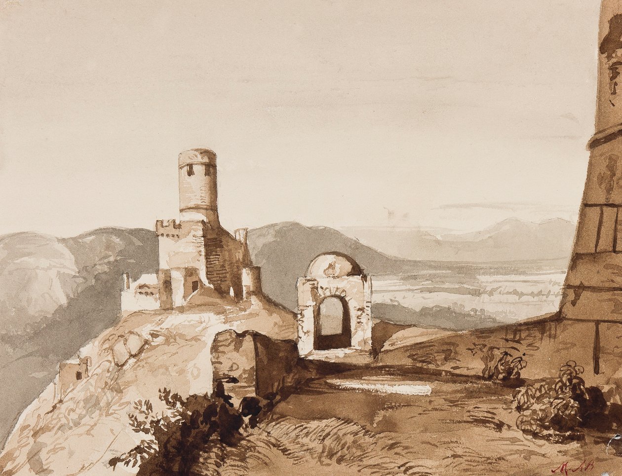 Muralhas da torre e da cidade, possivelmente acima de Sorrento, com acréscimos da princesa Maria Annunziata di Borbone (1843-1871) (lápis e lavagens sépia) de Achille Vianelli