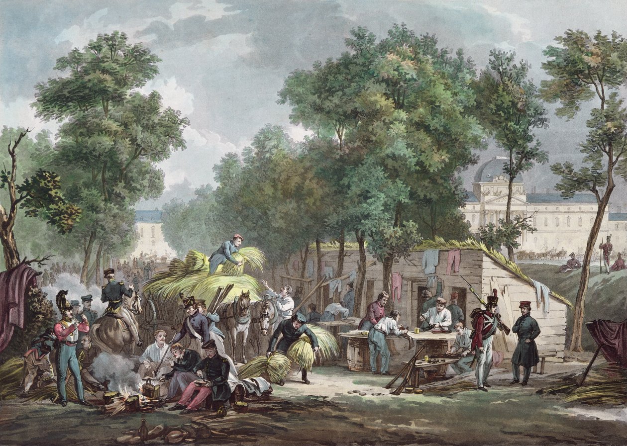 Soldados prussianos de acampamento no Champs de Mars, em Paris, em 1871, gravado por Jazet de Achille Louis Martinet