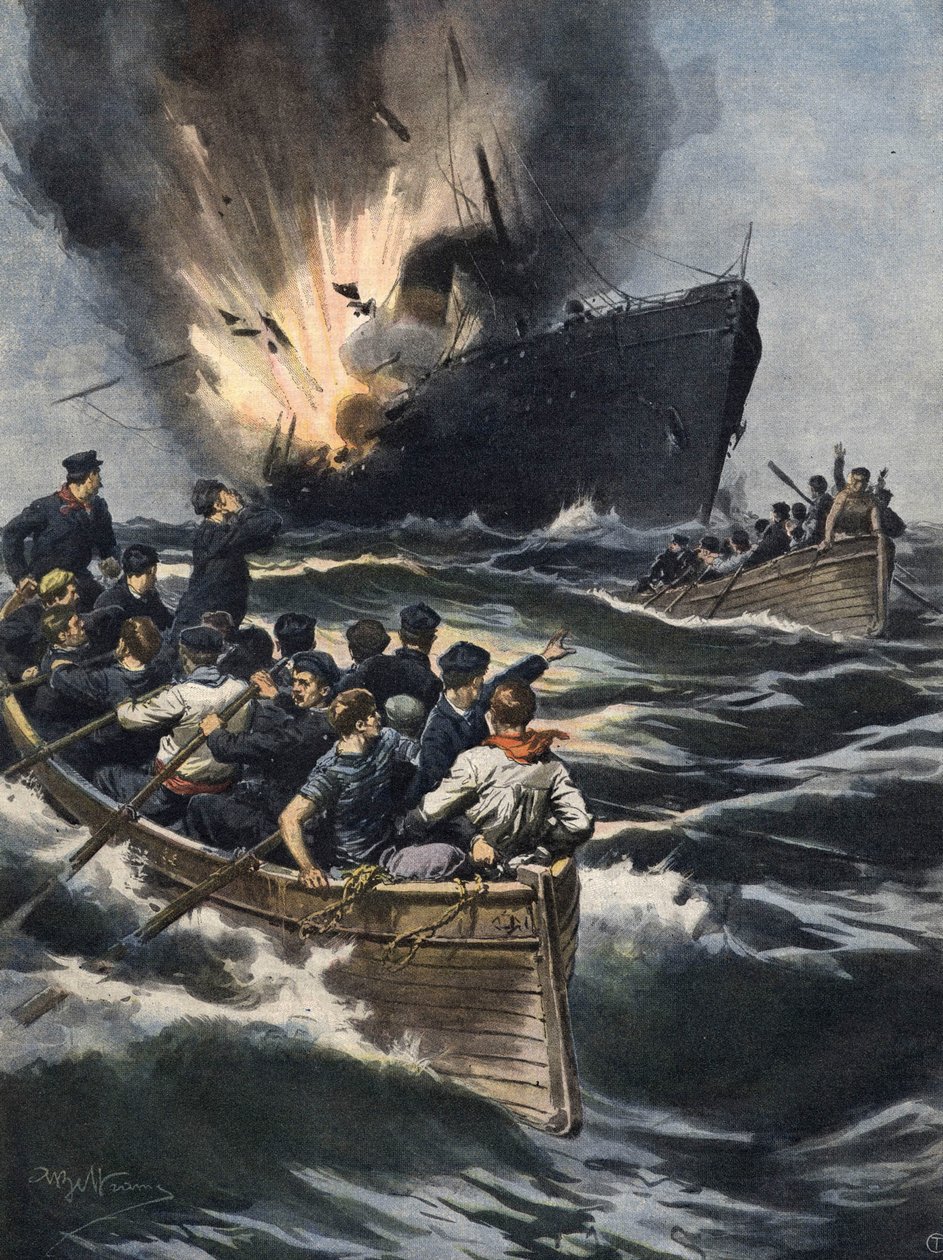 Um barco a vapor alemão explodiu entre a Sicília e a costa tunisina. A tripulação teve tempo de se afastar a bordo dos barcos. Ill. de Beltrame. La Domenica del Corriere. 06/1909. de Achille Beltrame