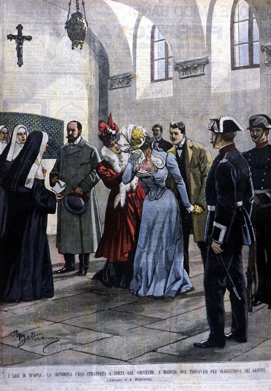 Em Madrid, uma jovem mulher, a menina Ubao, é arrancada da vida de uma freira num convento onde estava por sugestão dos jesuítas. Ilustração de Beltrame. La Domenica del corriere. 1901. de Achille Beltrame