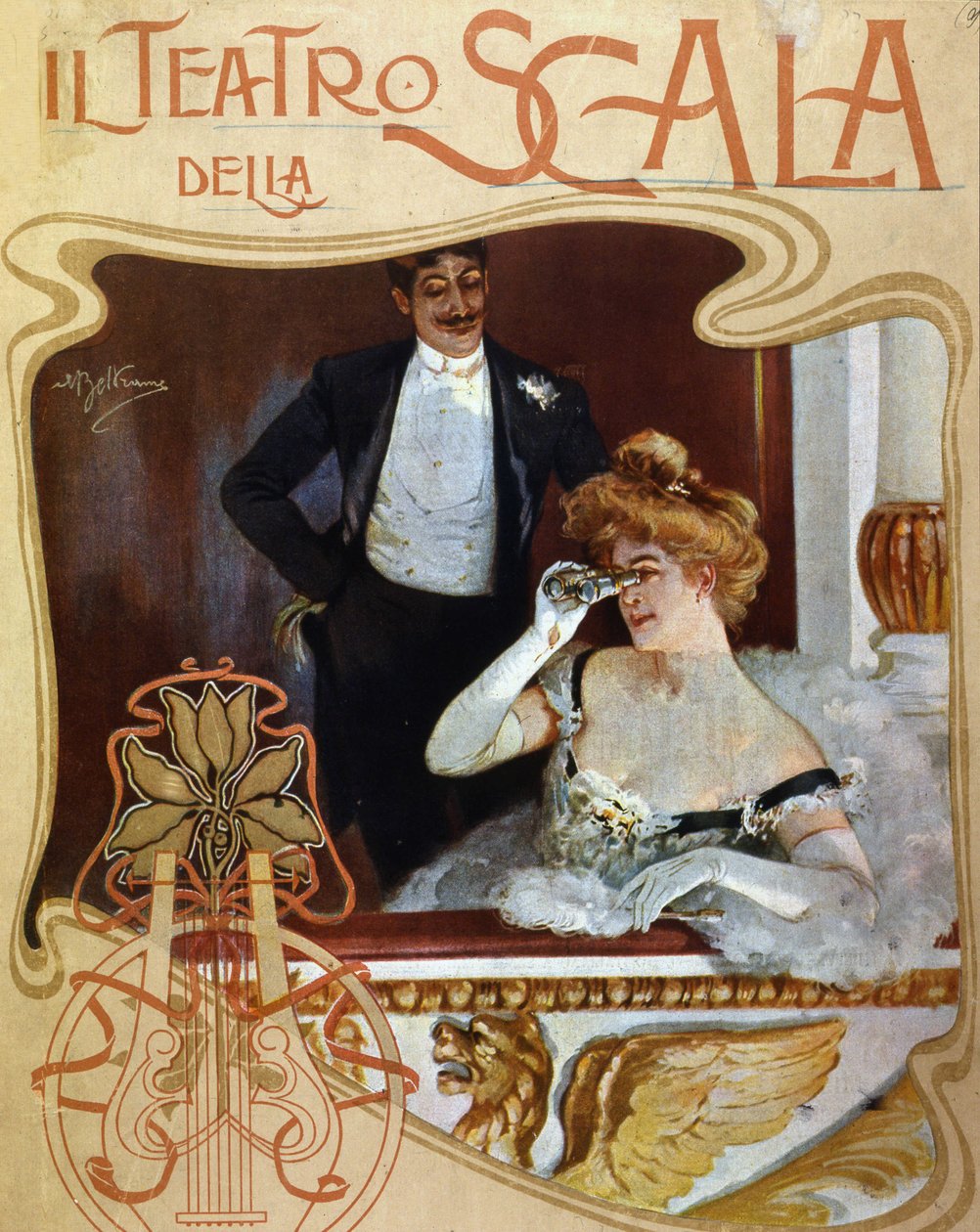 Alguns lugares em um camarim no Teatro alla Scala. A jovem observa a cena com um par de binóculos. Ilustração de Achille Beltrame. de Achille Beltrame