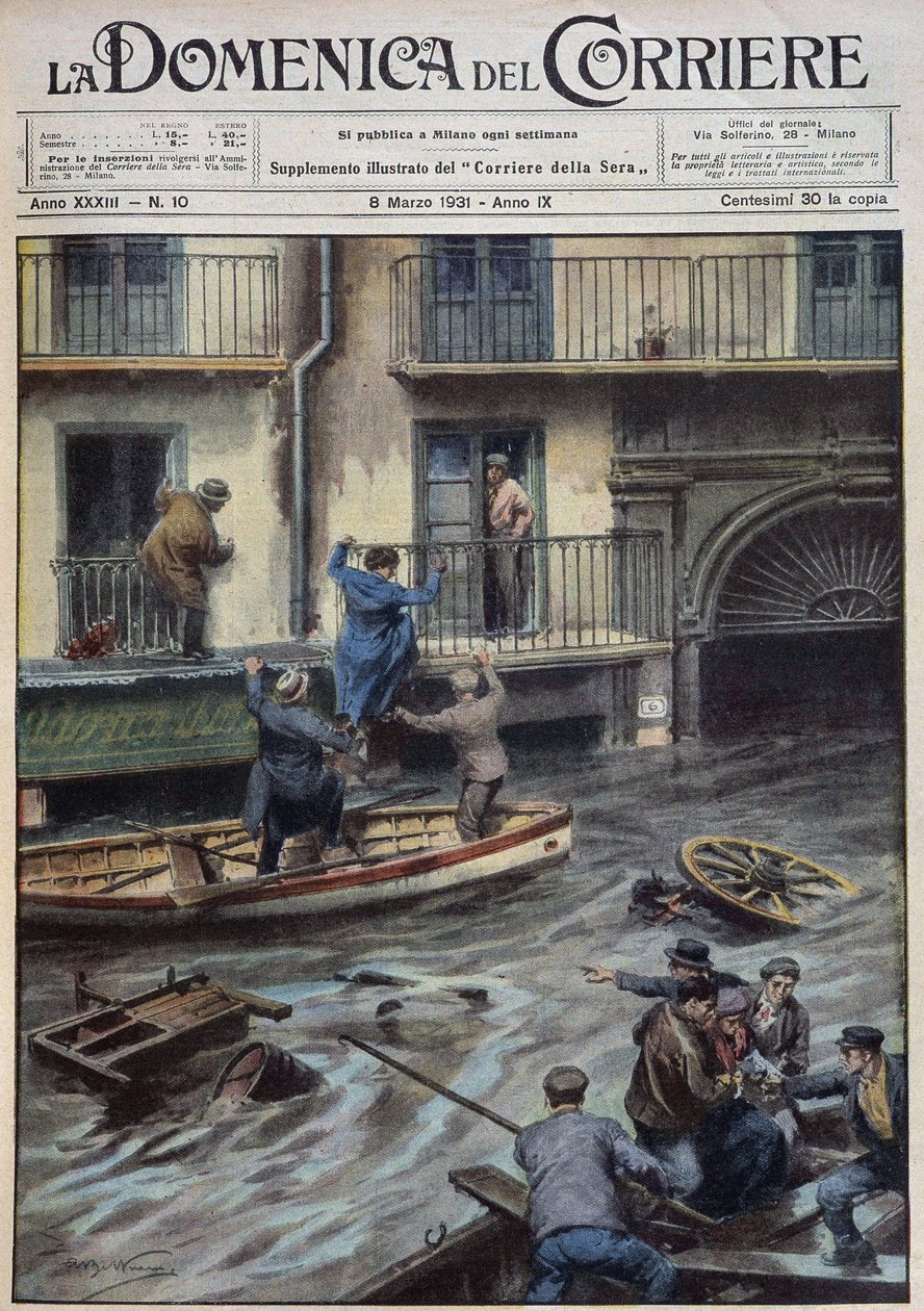Um ciclone jogou uma enorme massa de água em Palermo, inundando praças, ruas e forçando as pessoas a abandonarem suas casas para se refugiarem em barcos. Estas inundações resultaram em várias baixas - dess. de A. Beltrame em "la Domenica del Corriere" de 0 de Achille Beltrame