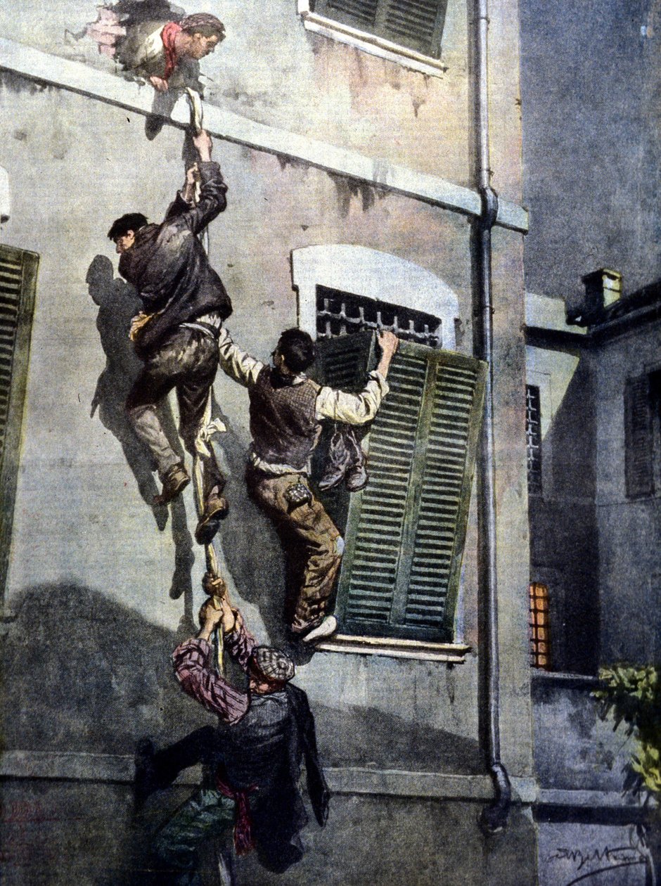 Uma ousada fuga de quatro reclusos da prisão de Asti depois de romperem o muro. Desenho de Beltrame. La Domenica del Corriere. 1902 de Achille Beltrame