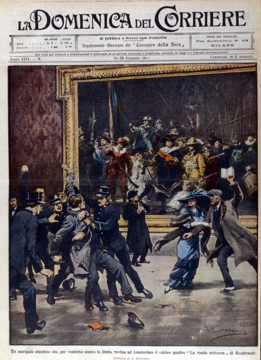 Um antigo marinheiro holandês tentou saquear o famoso quadro de Rembrandt van Rijn (1606-1669), "The Night Round". Capa de "La Domenica del corriere", ill. de Beltrame, 01/1911. de Achille Beltrame