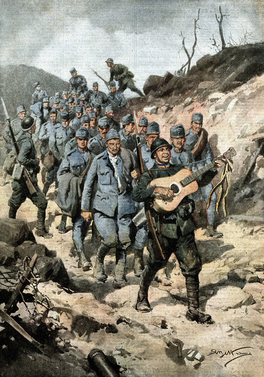 Um herói feliz. Depois de capturar quarenta austríacos e um violão numa caverna, o soldado Buoncompagni marchou à frente do grupo de prisioneiros cantando. Ill. de Beltrame. La Domenica del Corriere. 10/1917 de Achille Beltrame
