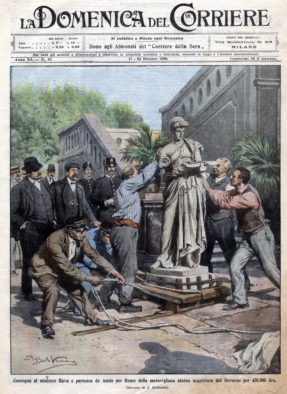 Uma estátua comprada pelo governo a 450 mil liras é trazida para Roma e entregue ao Ministro Rava. Ill. de Beltrame. La Domenica del Corriere. 10/1909. de Achille Beltrame