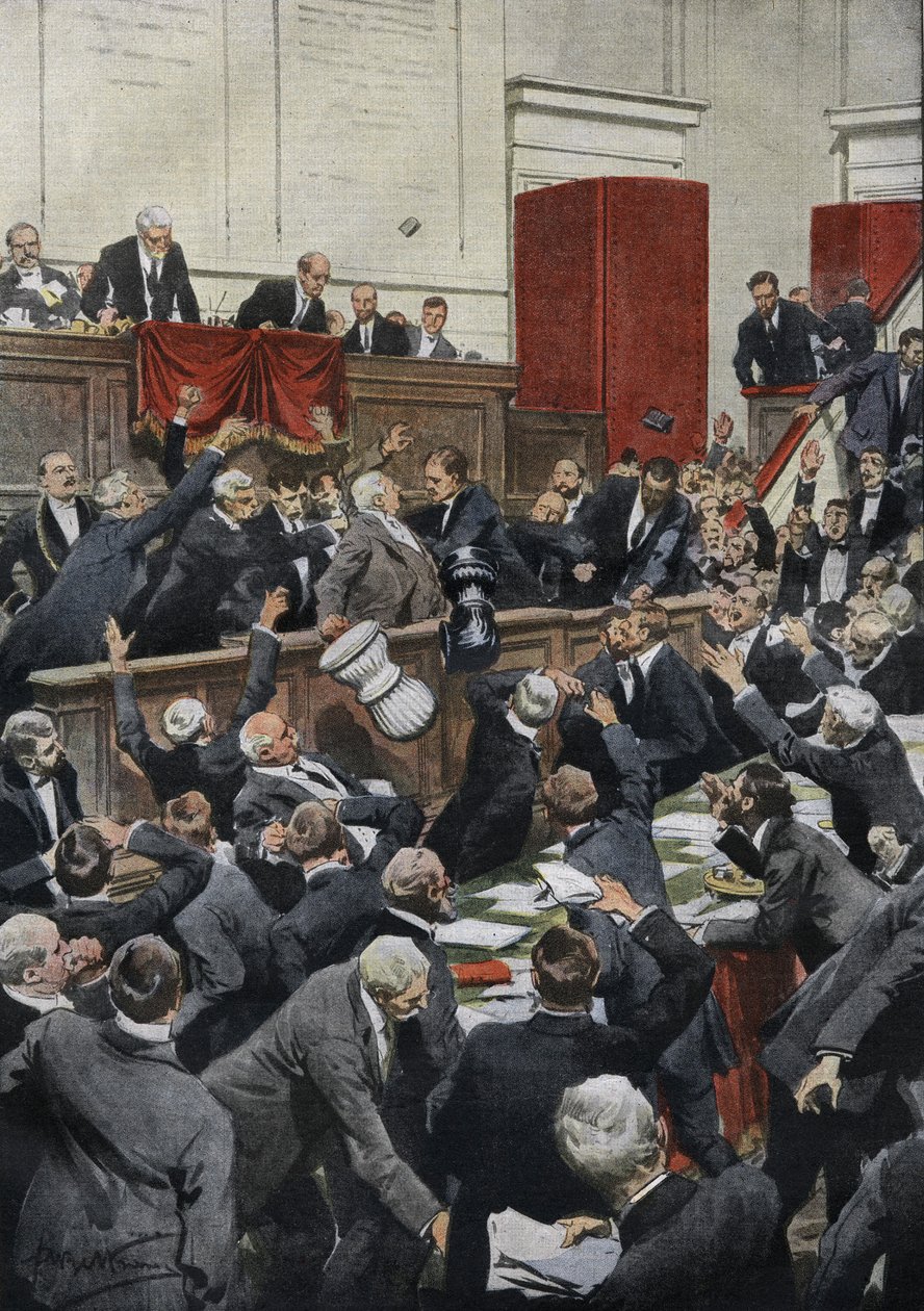 Uma sessão tempestuosa na Câmara dos Deputados italiana durante um debate sobre o orçamento. A deputada Chiesa suspende a votação, atirando a urna. "La Domenica del Corriere" de Achille Beltrame