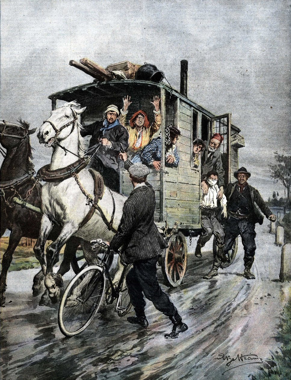 Um jovem rapaz foi raptado por um grupo de ciganos perto de Cernusco sul Naviglio, na região de Milão. Ill. de Beltrame. La Domenica del Corriere. 09/1909. de Achille Beltrame