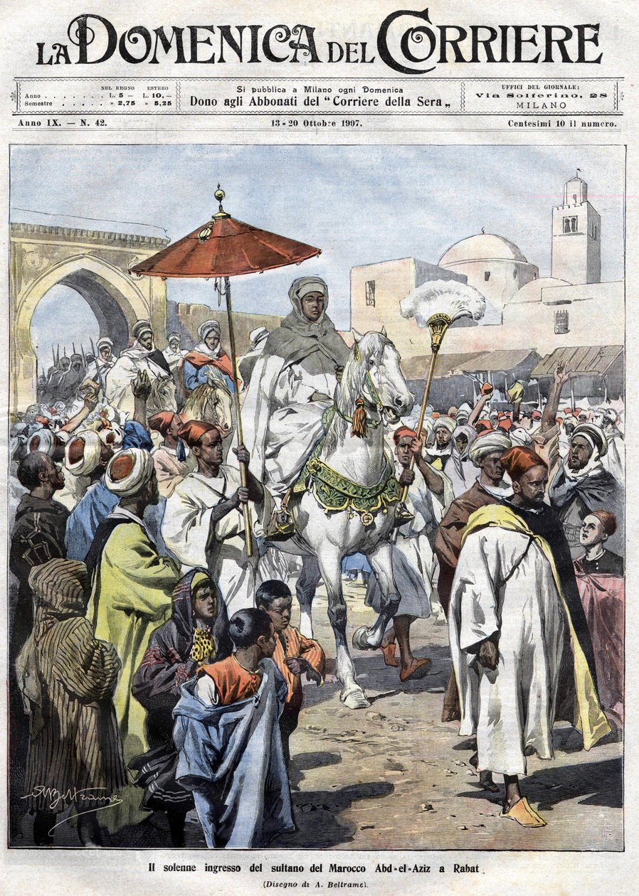 Abd al-Aziz (al-Hasan Mohamed al-Hasani al-Alaoui) entrou em Rabat no Marrocos em outubro de 1907 (Marrakesh de Achille Beltrame