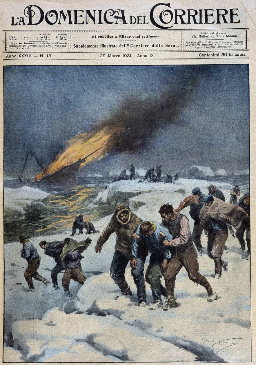 Após a explosão do baleeiro "Viking", a trágica marcha da tripulação em busca de resgate: este barco (no fundo em chamas) levou uma expedição cinematográfica - dess. por A. Beltrame em "la Domenica del Corriere" de 29/03/1931 de Achille Beltrame