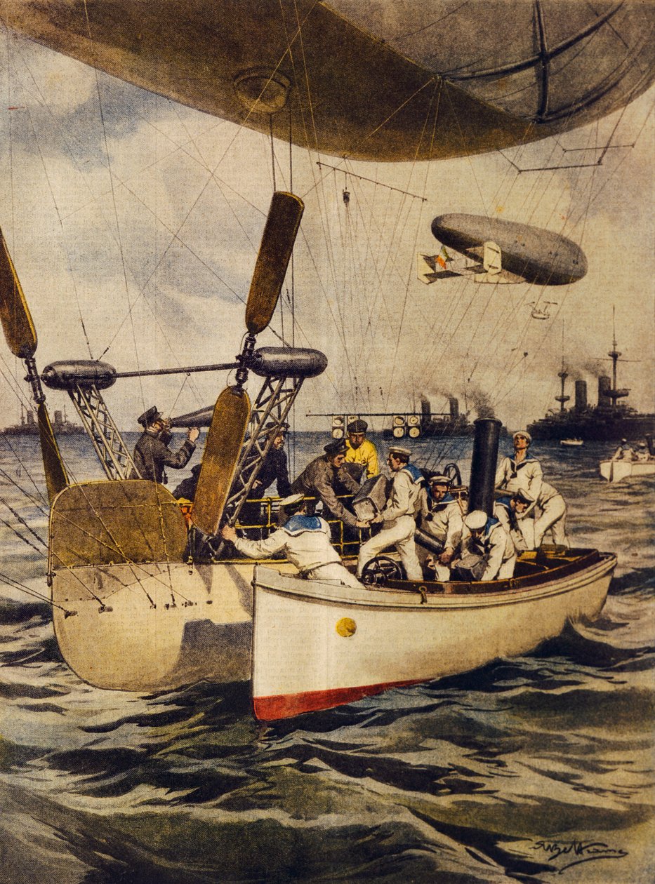 Navios reabastecendo navios de guerra durante sua viagem, por Achille Beltrame, ilustração, Ilustrador Achille Beltrame (1871-1945), de La Domenica del Corriere, 5 de maio de 1910 de Achille Beltrame
