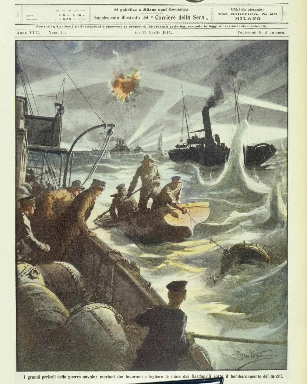 Forças aliadas marinheiros tentando desarmar minas sob fogo de artilharia turca, durante a Primeira Guerra Mundial de 1914-1918 (litografia) de Achille Beltrame
