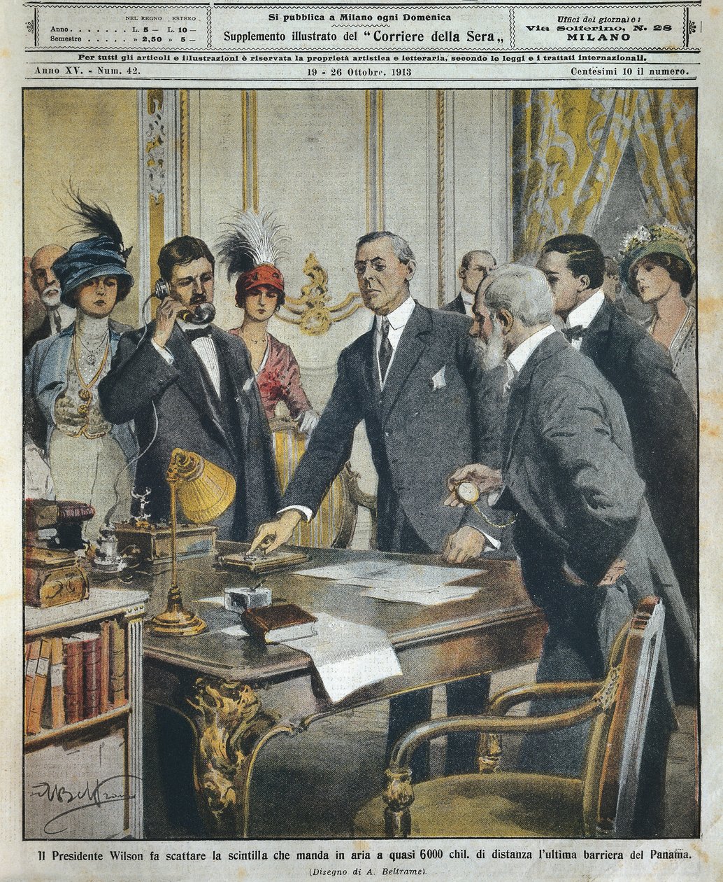 O presidente norte-americano Woodrow Wilson inicia a detonação telegráfica que demoliu a última barreira ao Canal do Panamá a 6000 quilômetros de distância, por Achille Beltrame (1871-1945), a partir de La Domenica del Corriere de Achille Beltrame