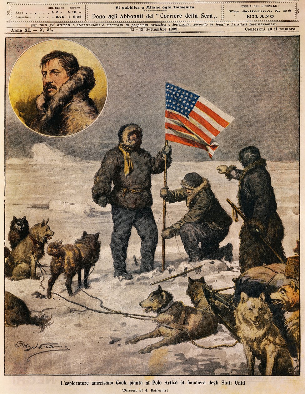 Explorador americano Cook plantando bandeira americana no Pólo Norte, ilustração de Achille Beltrame (1871-1945), de La Domenica del Corriere, 12 de setembro de Achille Beltrame