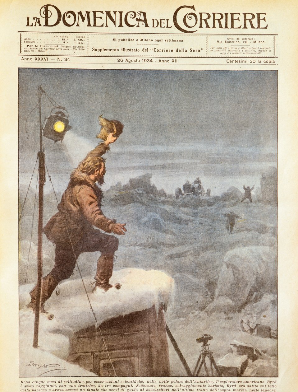 Explorador americano, Richard E Byrd, acompanhado por companheiros na Antártida depois de cinco meses sozinho, por Achille Beltrame, ilustração, Ilustrador Achille Beltrame (1871-1945), de La Domenica del Corriere, 26 de agosto de 1934 de Achille Beltrame