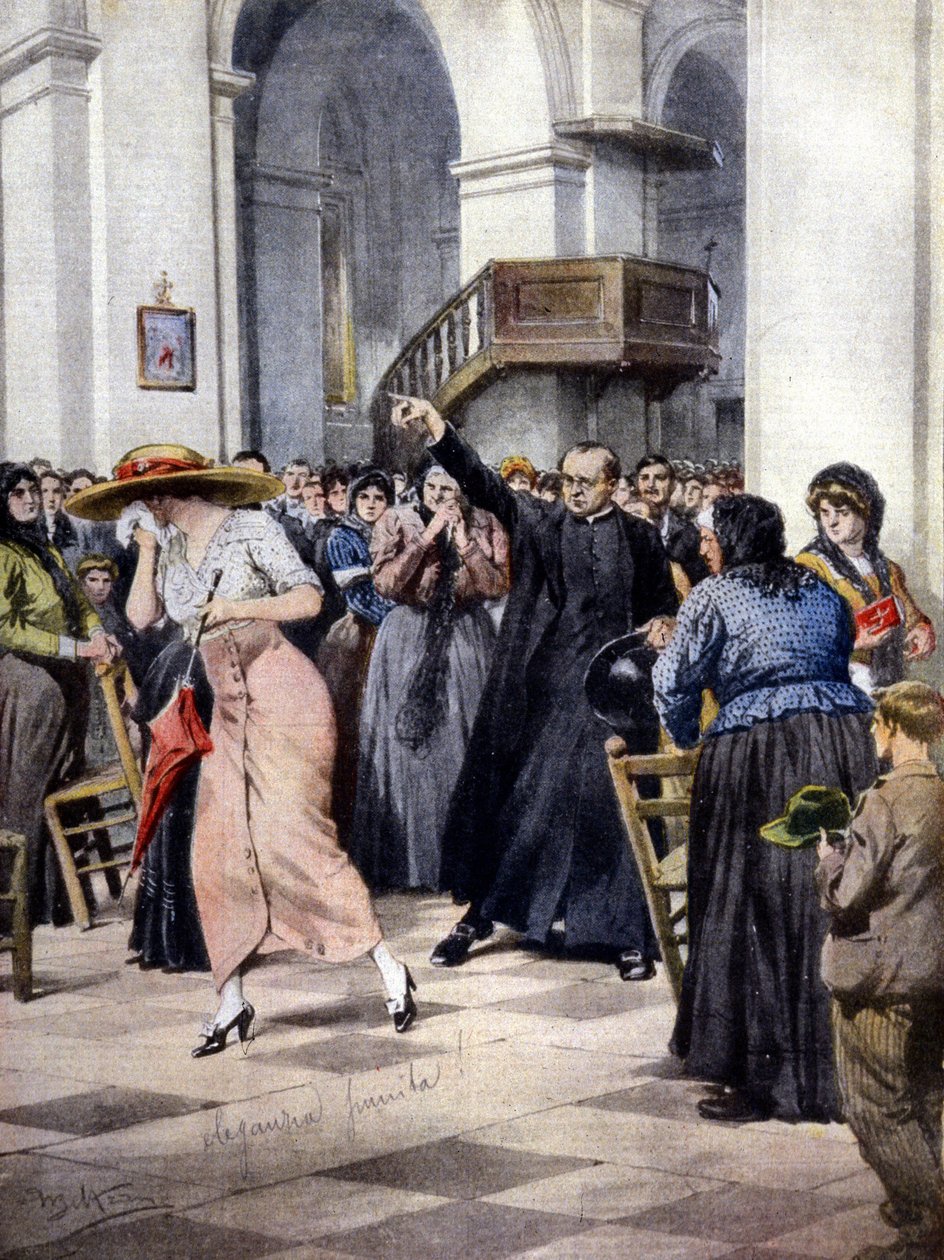 Um exemplo de moralismo religioso: uma jovem é expulsa da igreja por um sacerdote e os fiéis que são escandalizados por causa de suas roupas leves. Doente de A. Beltrame. "La Domenica del Corriere". de Achille Beltrame