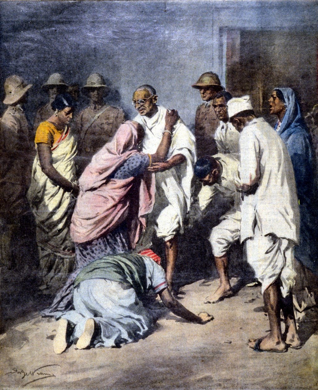 Arrestation de Mahatma Gandhi (1869 - 1948). Ill. de Achille Beltrame. La Domenica del Corriere. 1932 de Achille Beltrame