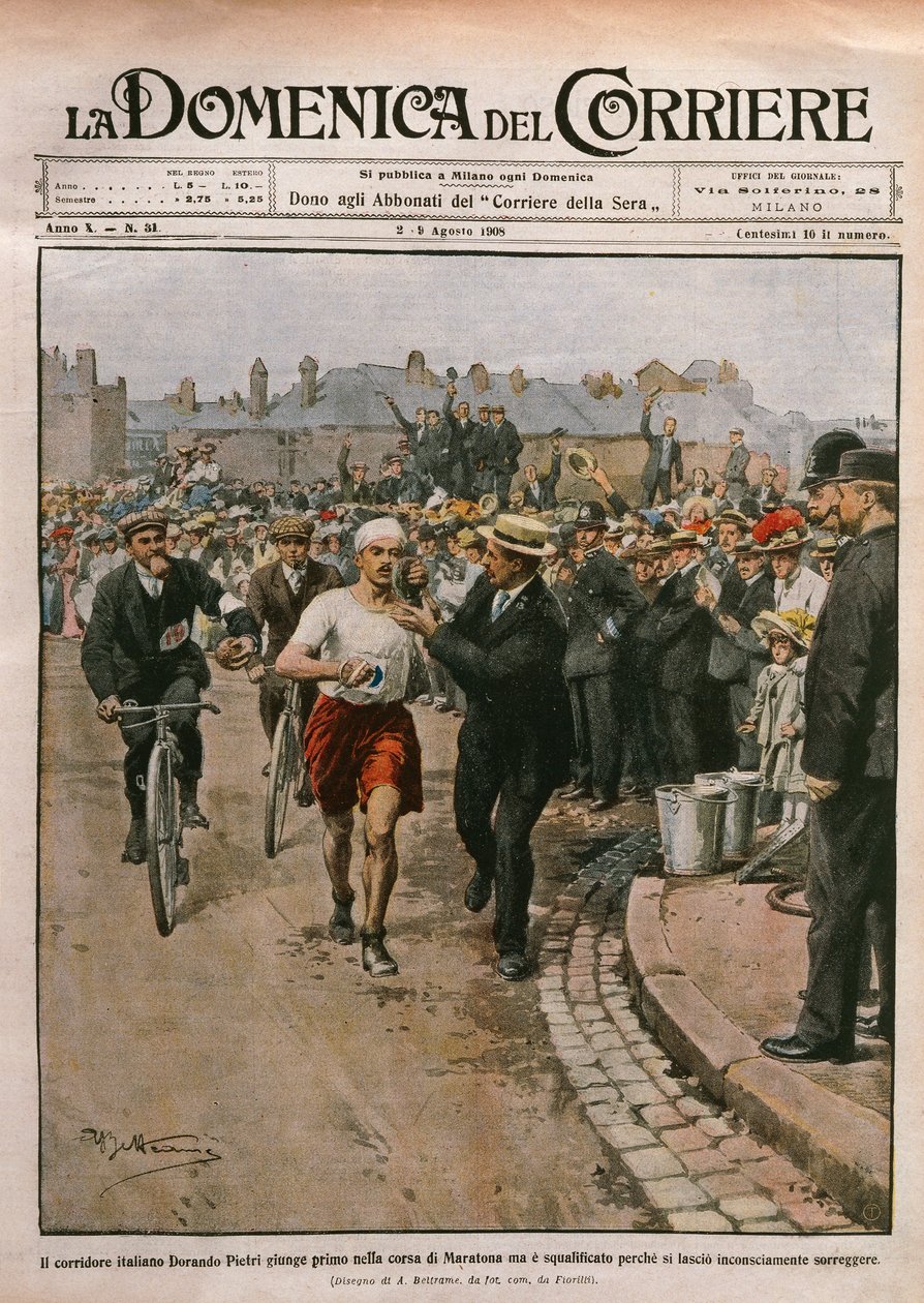Chegada de Dorando Pietri (1885-1942) em maratona, Olimpíadas de Londres, ilustração de Achille Beltrame de La Domenica del Corriere, 2-9 de agosto de Achille Beltrame