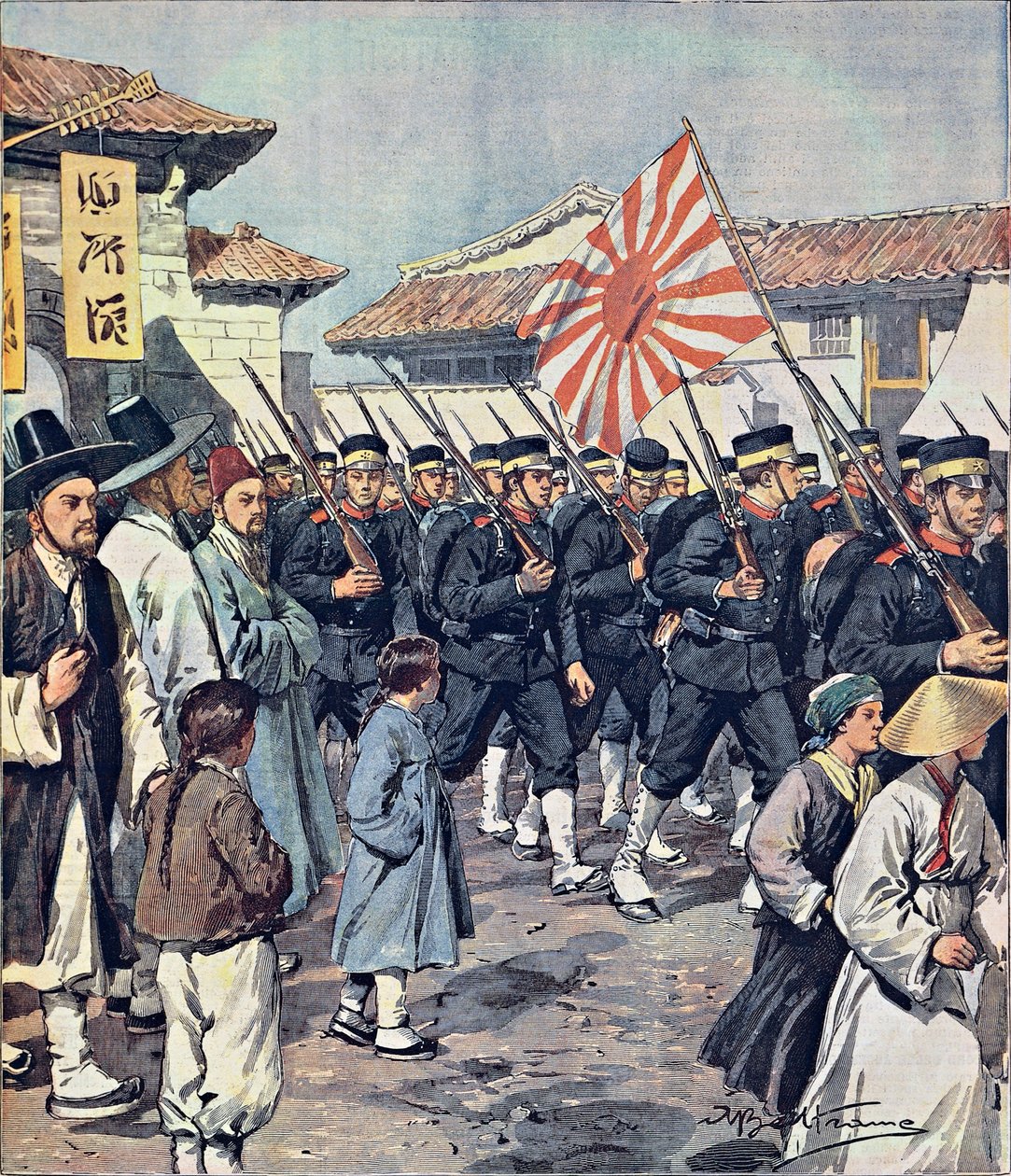 Chegada das tropas japonesas à Coreia, por Achille Beltrame (1871-1945), ilustração de La Domenica del Corriere, 21 de Fevereiro de Achille Beltrame