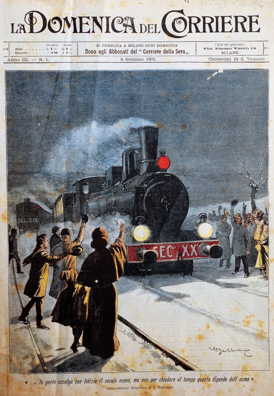 Chegada do novo século, pessoas acolhidas no novo século com alegria, ilustração de Achille Beltrame (1871-1945), de La Domenica del Corriere, 6 de janeiro de Achille Beltrame