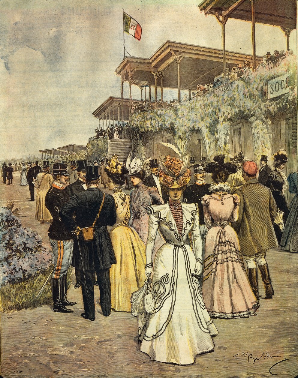 Nas corridas de cavalos em San Siro (Milão), de Achille Beltrame (1871-1945), de La Domenica del Corriere, 4 de junho de 1899 de Achille Beltrame