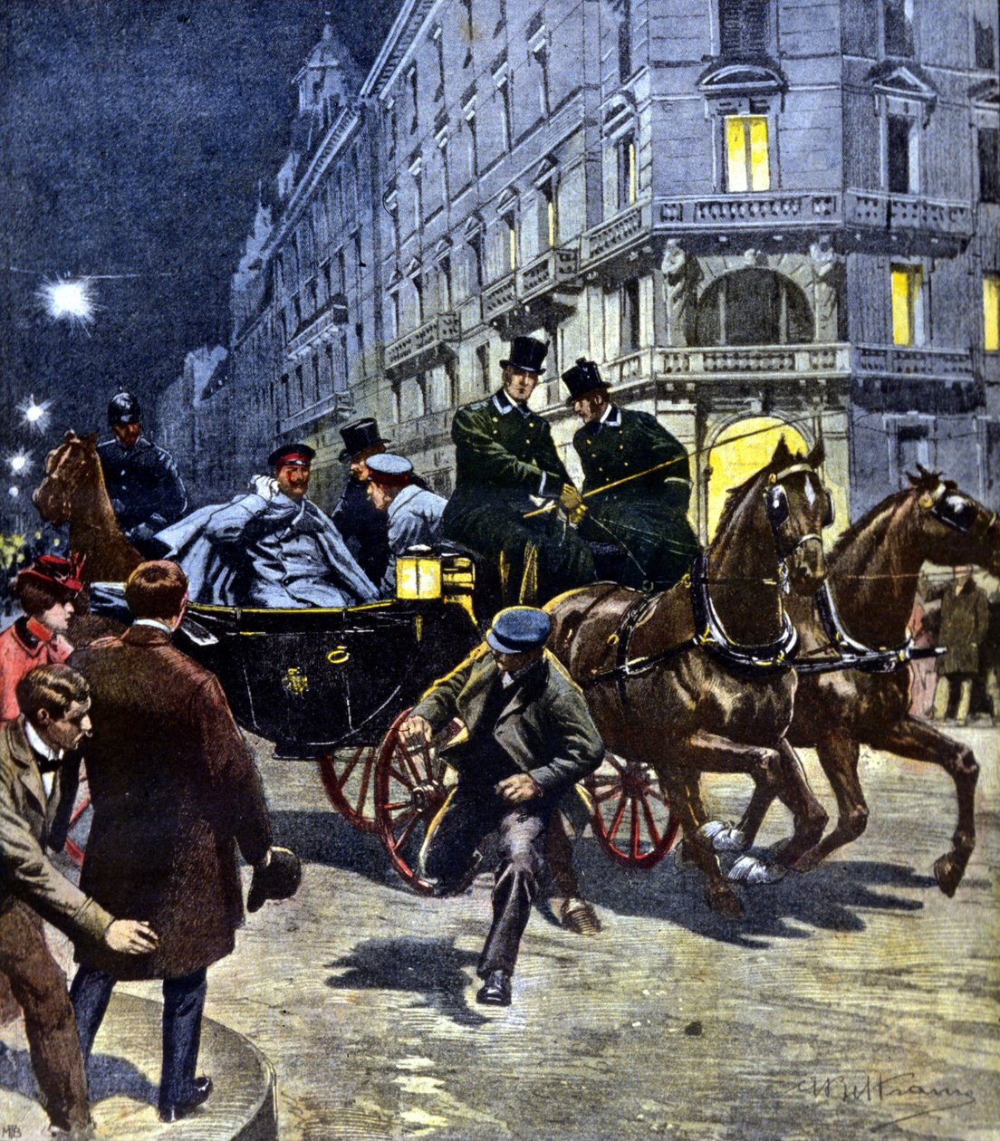 Ataque ao Imperador alemão Wilhelm II (1859 - 1941) durante sua viagem de carruagem até a estação de Bremen, na noite de 6/03/1901. Ilustração de Beltrame. La Domenica del corriere. 17/06/1901. de Achille Beltrame