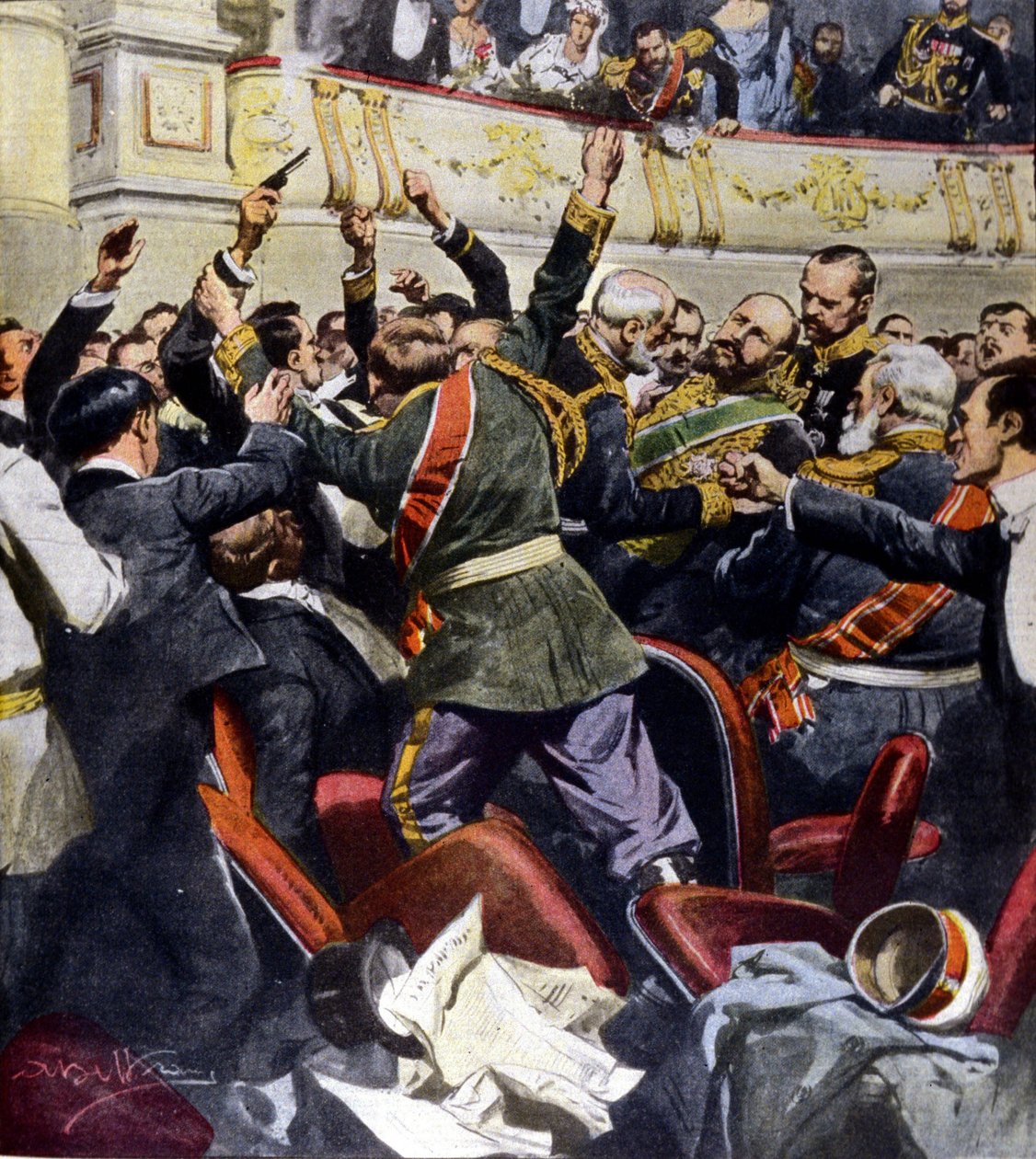 Ataque ao ministro russo Stolypin no teatro da cidade de Kiev. Ilustração por Beltrame de Achille Beltrame
