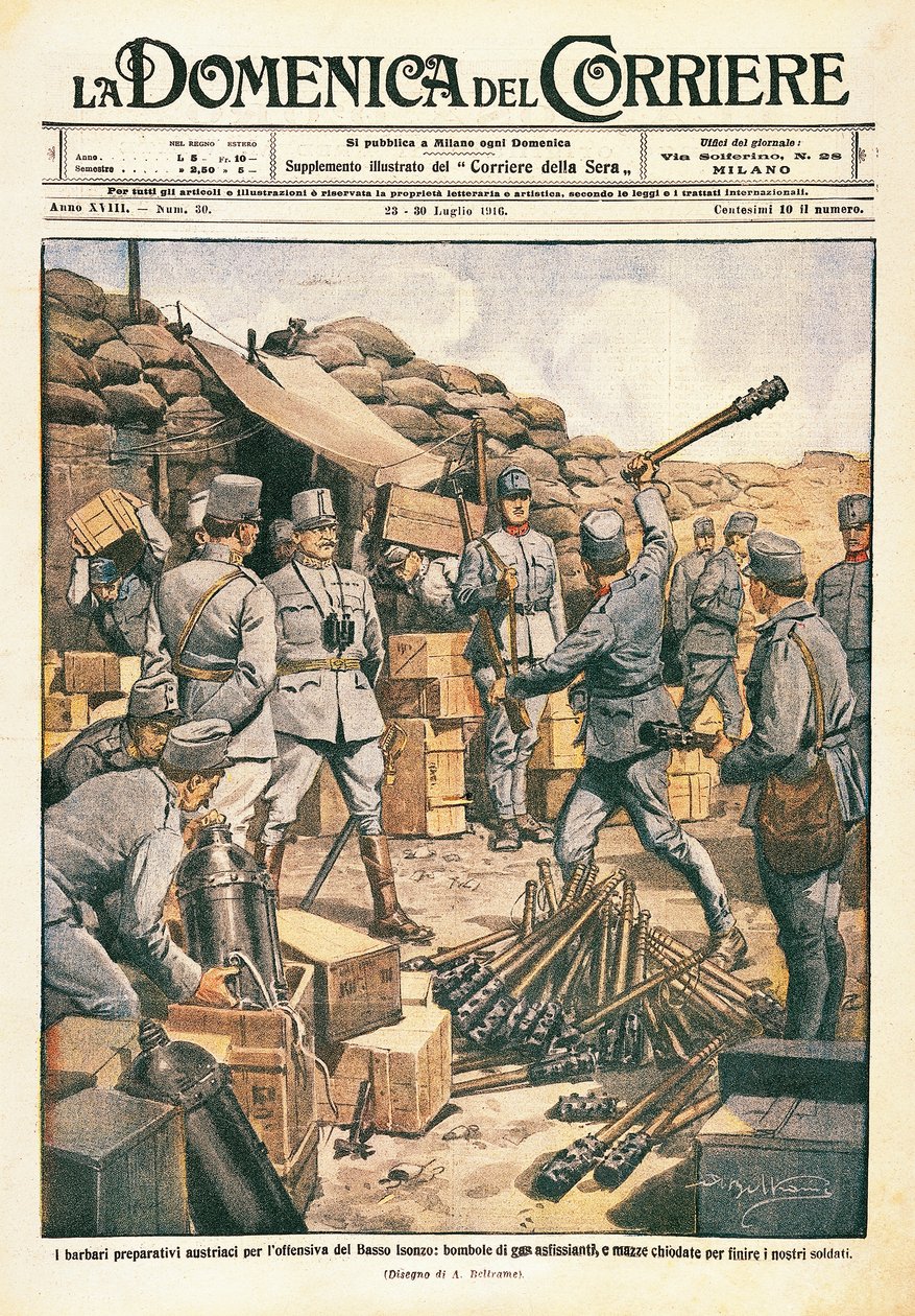 Bárbaros austríacos se preparam para a ofensiva no Baixo Isonzo, ilustração de La Domenica del Corriere, 23 de julho de Achille Beltrame