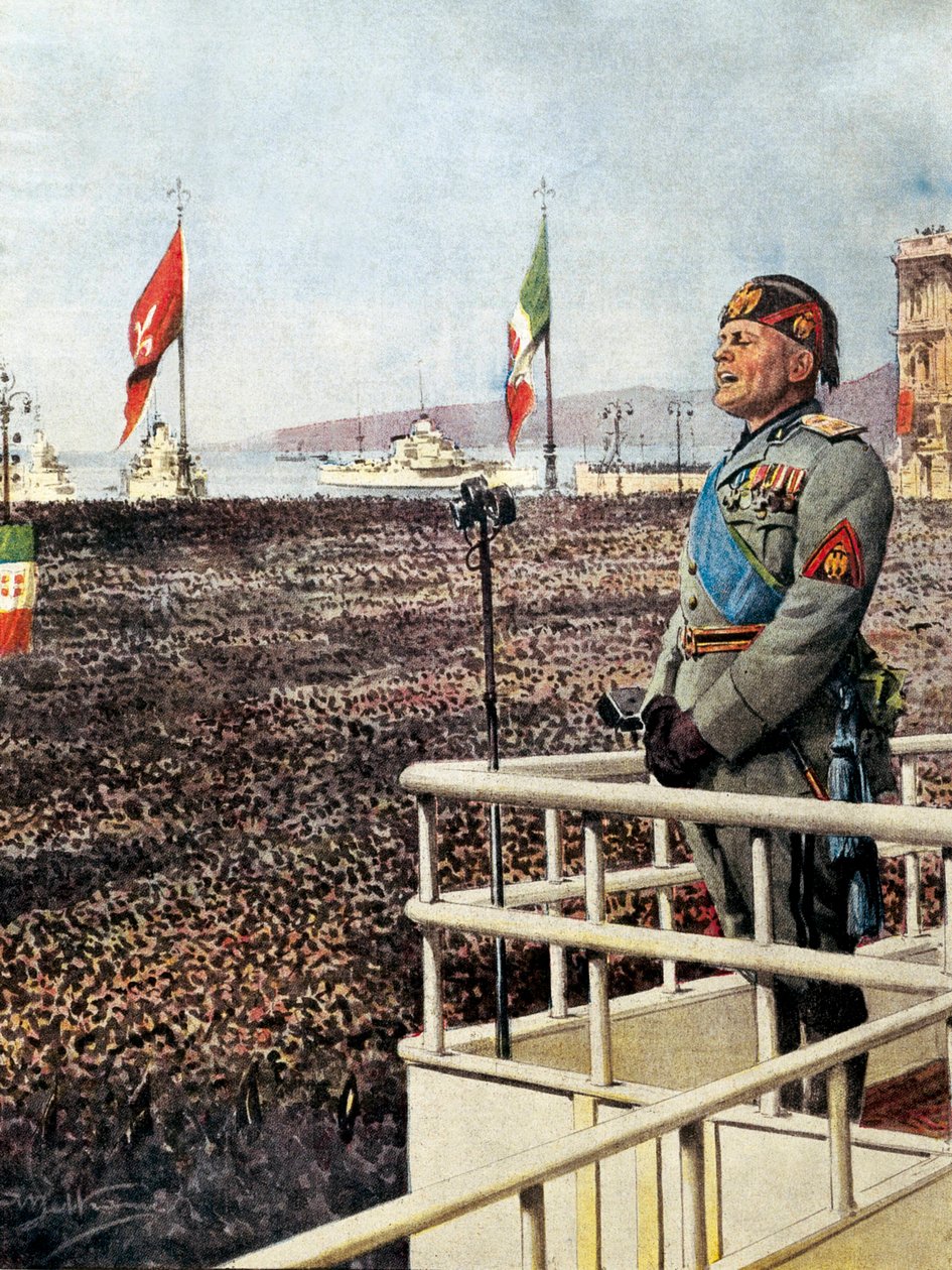 BELTRAME, Achilles (1871-1945). MUSSOLINI, Benito (1883-1945). Político fascista italiano, o duce italiano (líder) (1925-1943). O Duce fala ao povo de Trieste e ao mundo (setembro de 1938). Ilustração de Achille Beltrame para "Domenica del Corr de Achille Beltrame