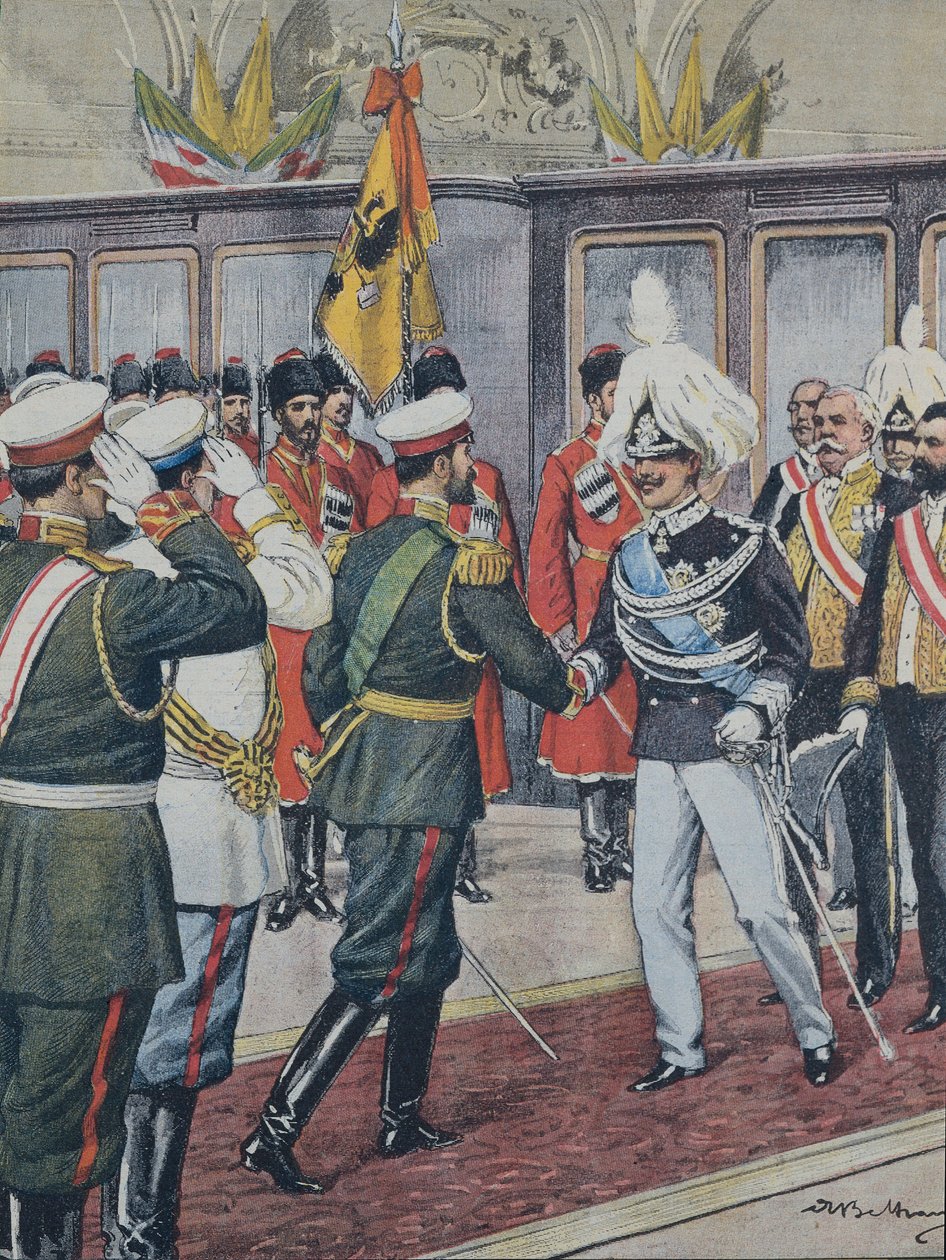 BELTRAME, Achilles (1871-1945). Victor Emmanuel III (1869-1947). Rei da Itália (1900-1946); Nicolau II. Czar da Rússia (1894-1917). RÚSSIA. O czar recebe o rei Victorio Emanuele III da Itália em Peterhof. A. Ilustração de Beltrame. La Domenica del C de Achille Beltrame