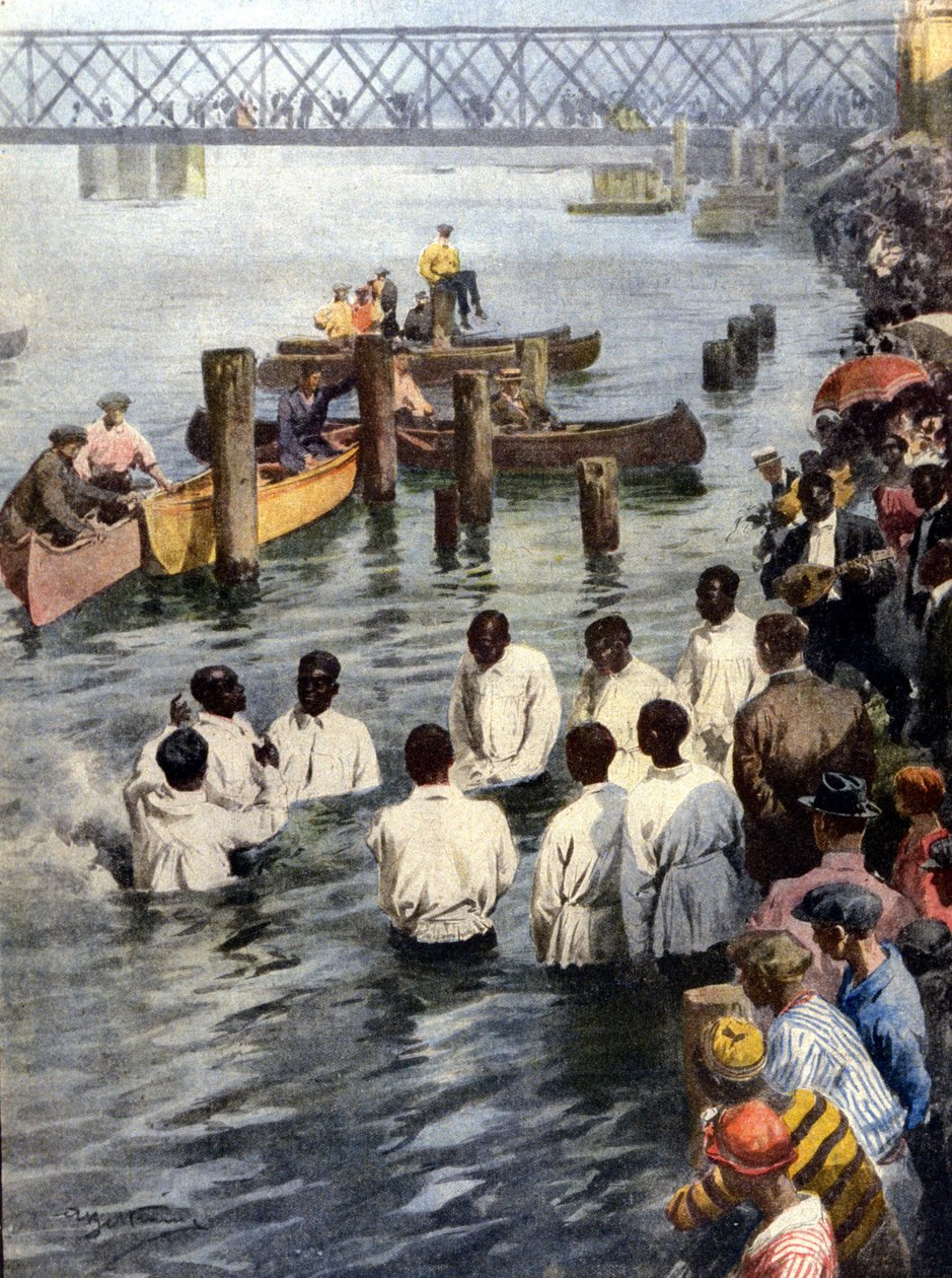 Cerimônia de batismo no Rio Cedro em Iowa (EUA) de membros negros da seita da Igreja de Deus. Ill. de A. Beltrame. La Domenica del Corriere de Achille Beltrame