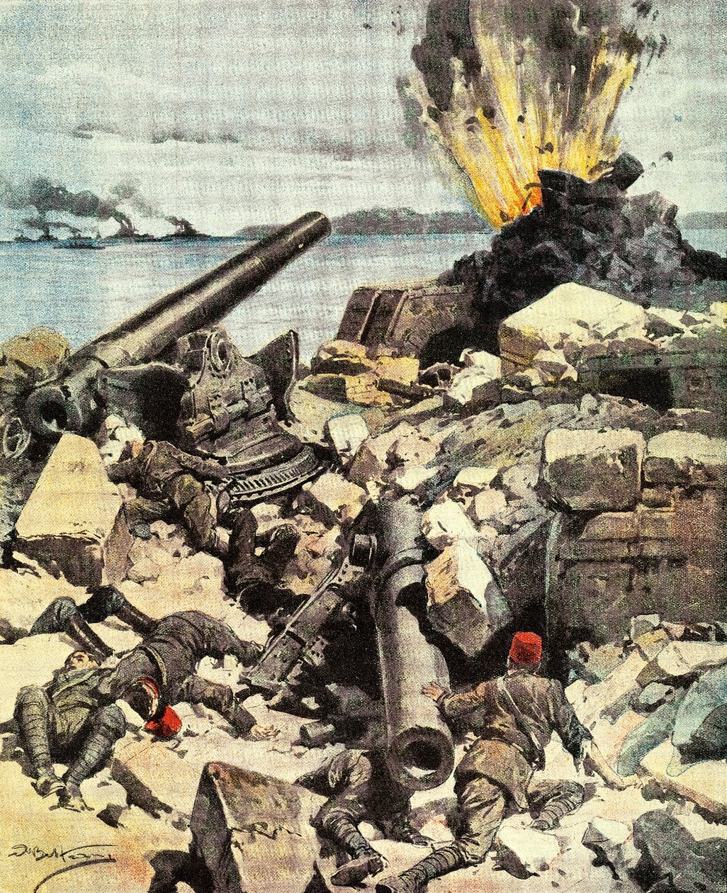 Batalha de Dardanelles, frota anglo-francesa destrói fortalezas de Dardanelles para romper o Estreito e chegar a Constantinopla, por Achille Beltrame (1871-1945), ilustração de La Domenica del Corriere, 14-21 de março de Achille Beltrame