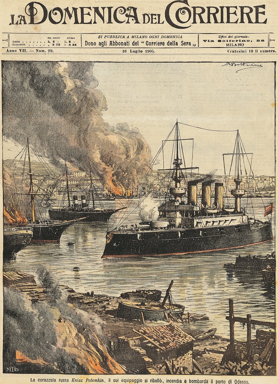 Batalha naval Potemkin bombardeando Odessa, de Achille Beltrame, ilustração, Ilustrador Achille Beltrame (1871-1945), de La Domenica del Corriere de Achille Beltrame