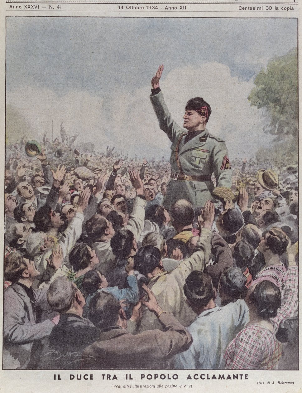 Benito Mussolini (1883-1945) aclamado pelo povo, de &39;La Domenica del Corriere&39;, 14 de outubro de 1934 de Achille Beltrame