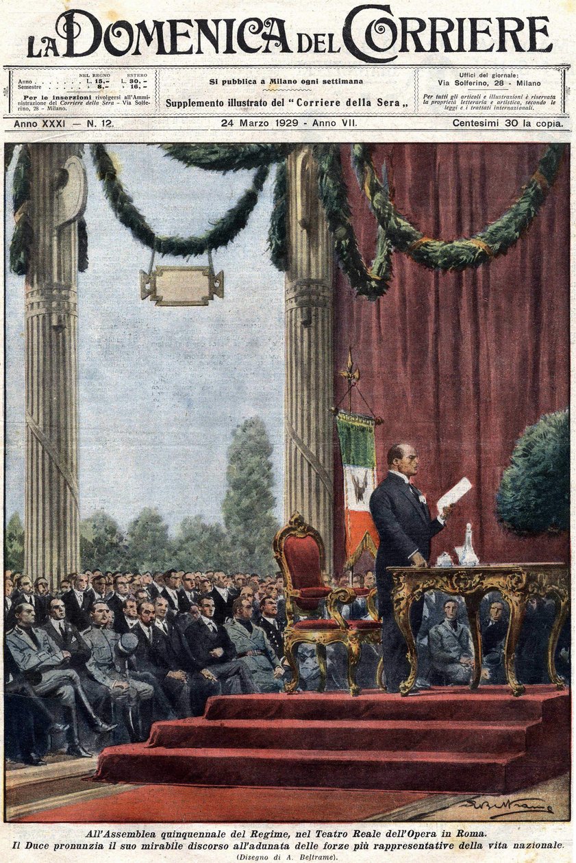 Benito Mussolini proferindo seu discurso no Teatro Reale da ópera em Roma perante os líderes do regime. ilustração de Achilles Beltrame". Domenica del corriere" de 24 de Março de 1929 de Achille Beltrame