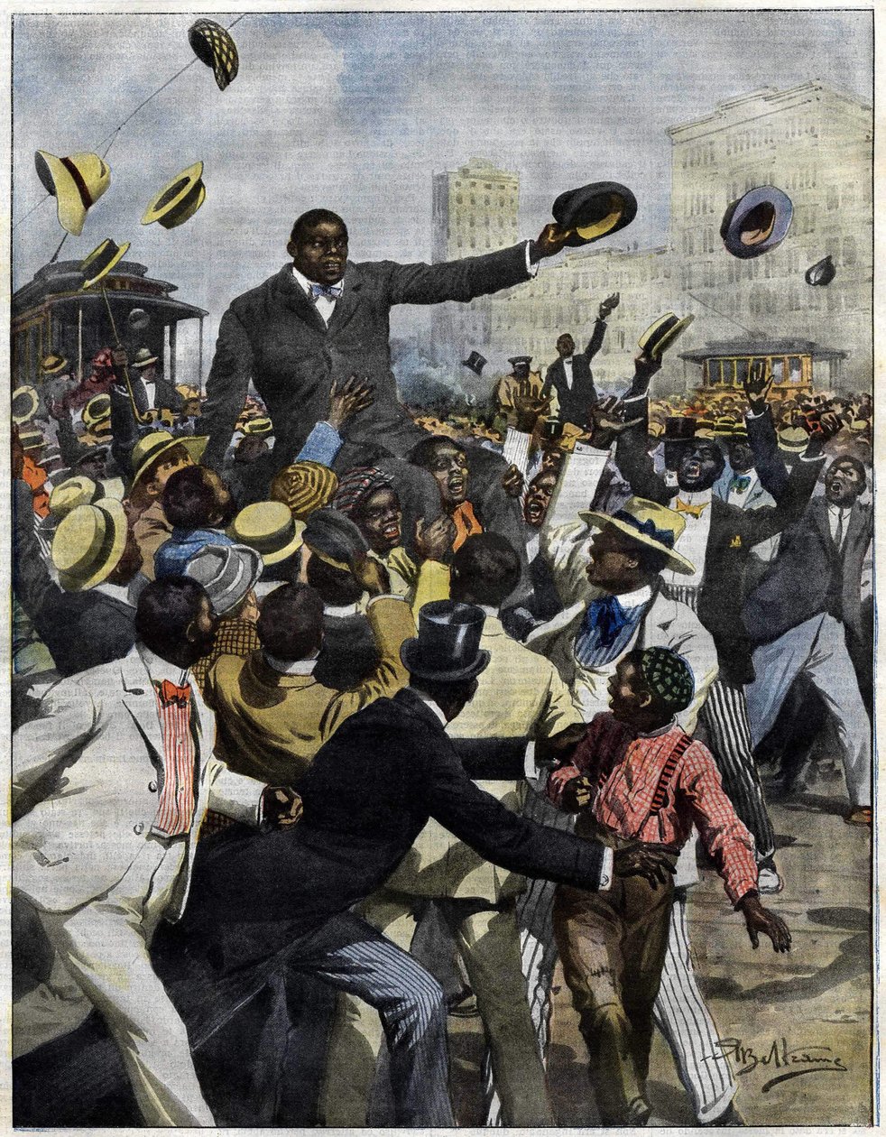 O boxeador Jack Johnson chegou a Chicago em 1910. Ilustração de Achille Beltrame para La Domenica del Corriere". de Achille Beltrame