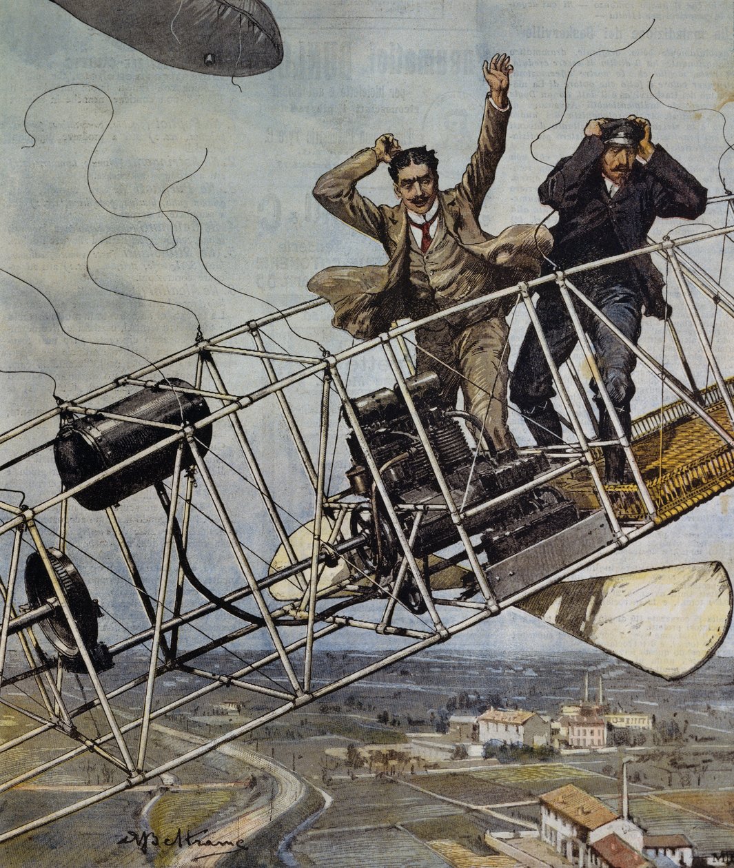 Catástrofe do dirigível De Bradski perto de Paris, França, ilustração de Achille Beltrame para La Domenica del Corriere, 26 de outubro de Achille Beltrame