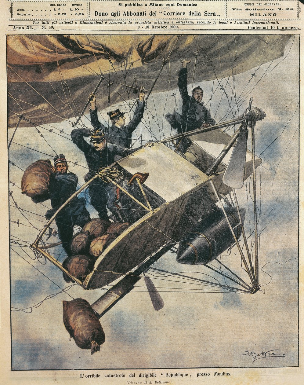 Catástrofe do dirigível Republique perto de Moulins, França, ilustração de Achille Beltrame de La Domenica del Corriere, 3-10 de outubro de Achille Beltrame