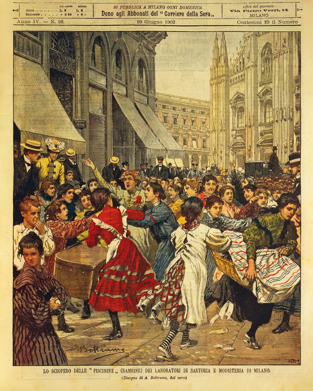 Greve infantil conhecida como Piscinine nas oficinas de costura e de moagem em Milão, de Achille Beltrame, ilustração, Ilustrador Achille Beltrame (1871-1945), de La Domenica del Corriere, 29 de Junho de 1902 de Achille Beltrame